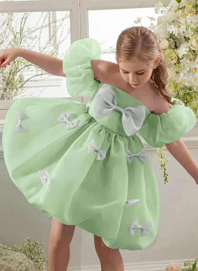 Take Two  Girls Green Puff Sleeve Bow Detail Dress for Women | Best Price UAE